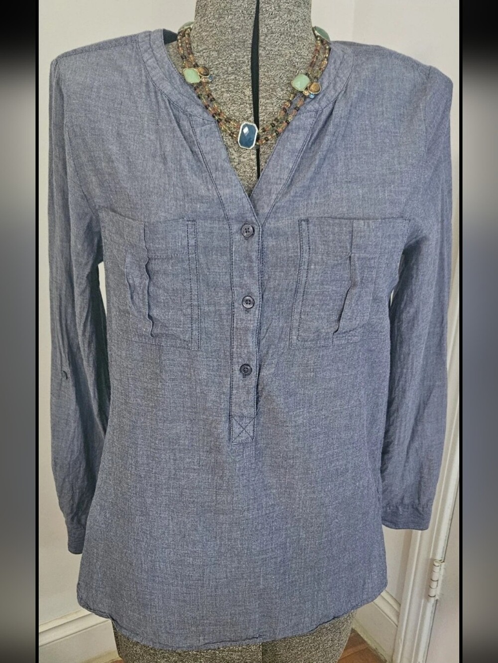 GAP 100% Cotton Tunic Top Long Sleeve Button Down Blue Shirt M